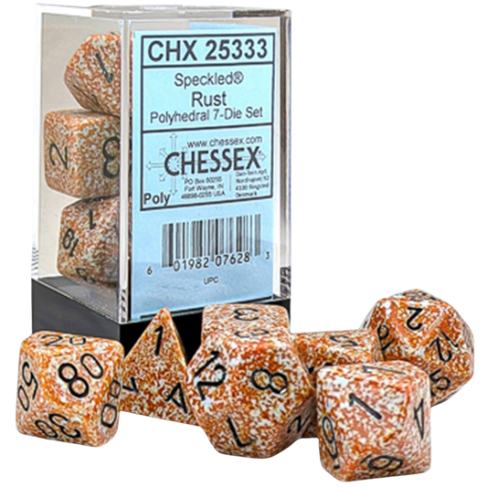 Chessex 7PC Speckled Rust polyhedral dice set with black pips for tabletop RPGs
