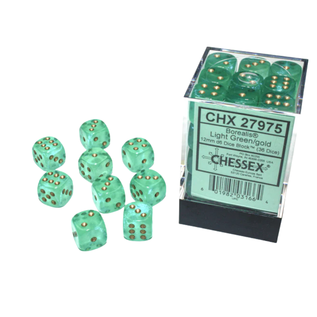 Chessex 36D6 Borealis Light Green dice set with gold pips – luminous gaming dice for RPGs, Warhammer, and tabletop strategy games.