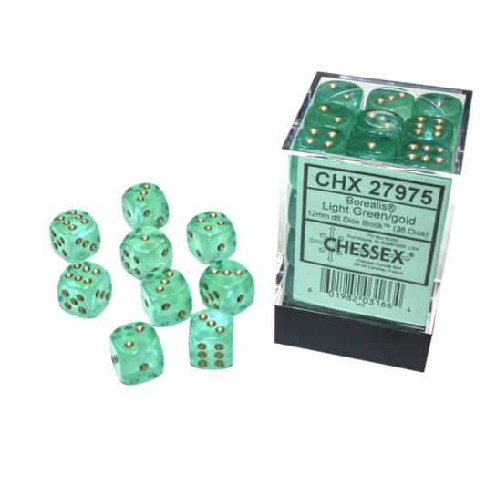 Chessex 36D6 Borealis Light Green dice set with gold pips – luminous gaming dice for RPGs, Warhammer, and tabletop strategy games.