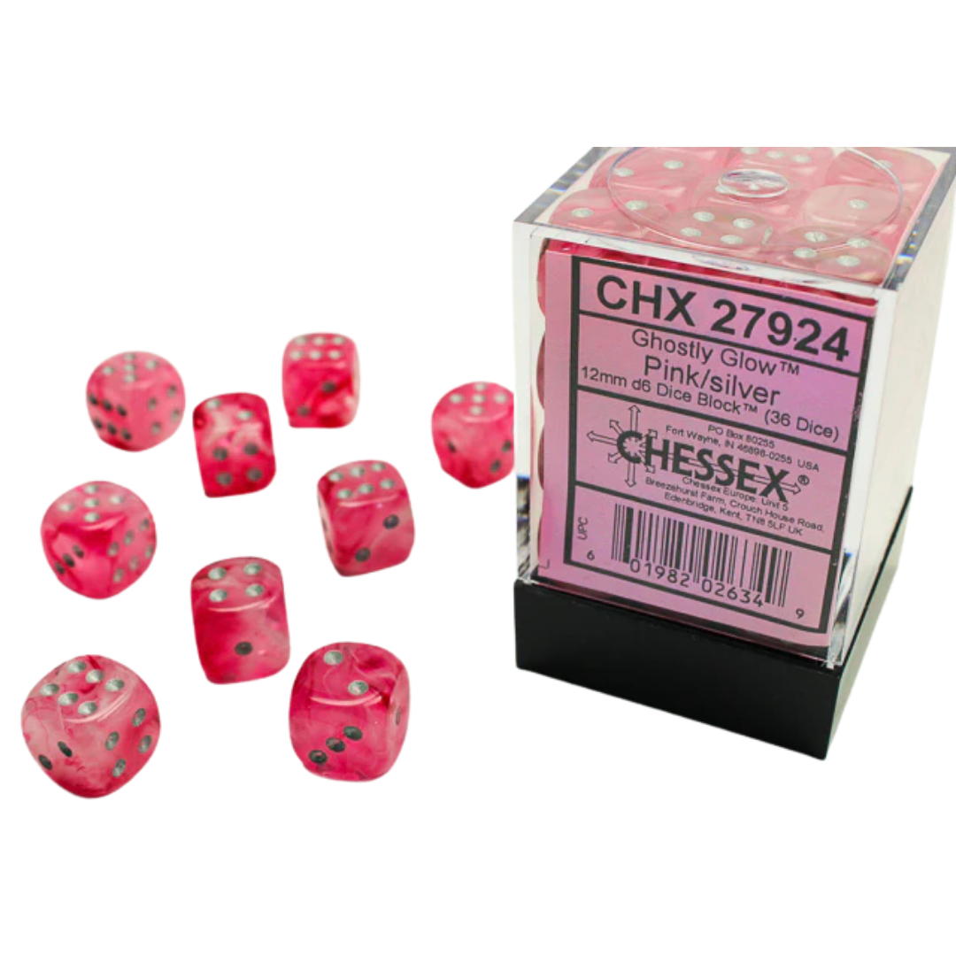 Chessex - 36D6 - Ghostly Glow - Pink/Silver Pips