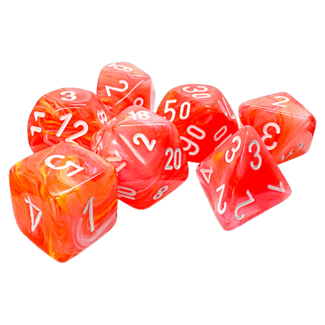 Chessex 7-piece Festive Mega-Hedral Dahlia/White Pips dice set for tabletop roleplaying games