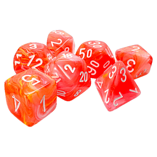 Chessex 7-piece Festive Mega-Hedral Dahlia/White Pips dice set for tabletop roleplaying games