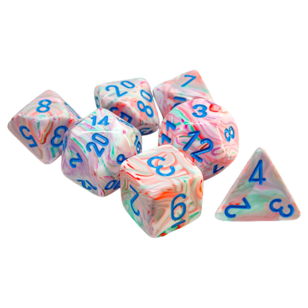 Chessex 7-piece Festive Mega-Hedral Pop-Art/Blue Pips dice set for tabletop gaming