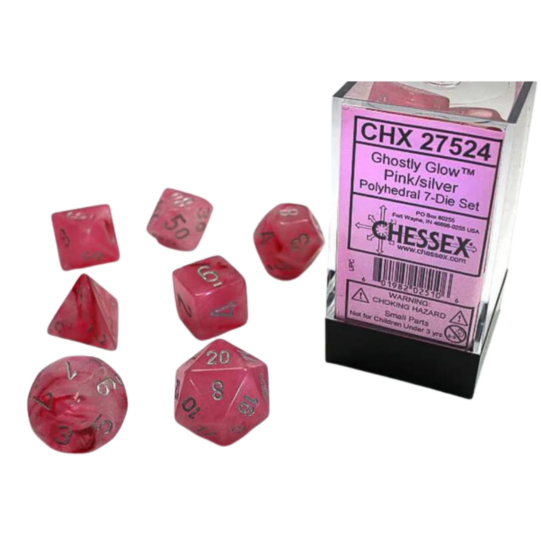 Chessex - 7PC - Ghostly Glow - Pink/Silver Numbers