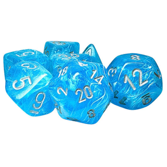 Chessex 7-piece Luminary Mega-Hedral Sky/Silver Pips glow-in-the-dark dice set for tabletop RPGs