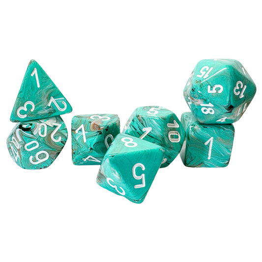 Chessex - 7PC - Marble - Mega-Hedral Oxi-Copper/White Pips