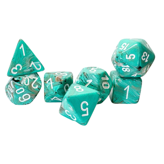 Chessex 7-piece Marble Mega-Hedral Oxi-Copper/White Pips dice set for tabletop gaming