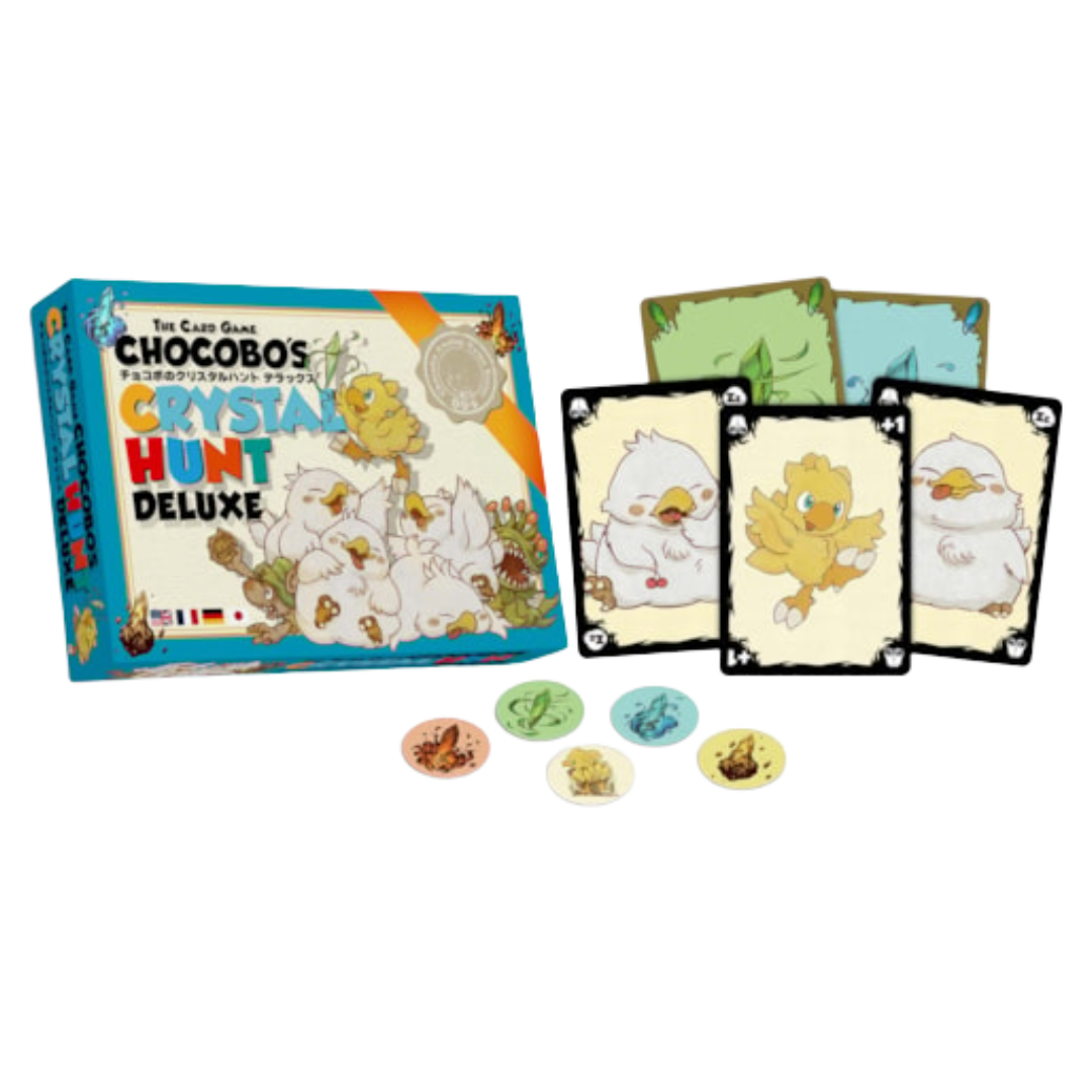 Chocobos Crystal Hunt Card Game Deluxe box with cards and tokens displayed, white and yellow chocobo cards visible