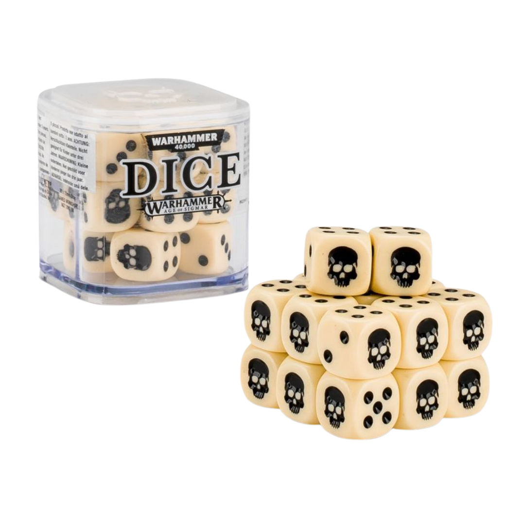 Citadel 12 mm dice set cube with 20 skull‑icon six‑sided dice in assorted colours. This image shows the beige dice variant.