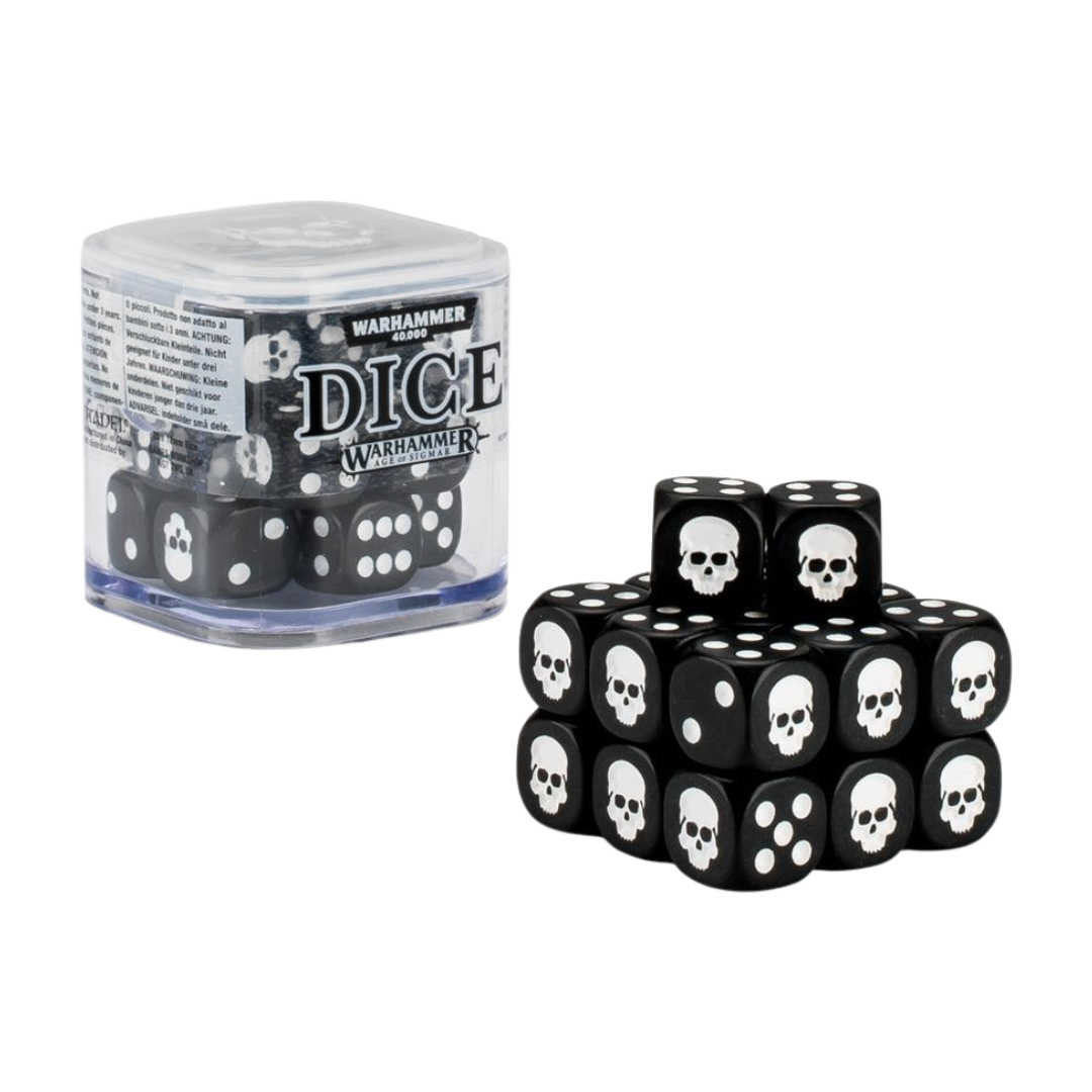 Citadel 12 mm dice set cube with 20 skull‑icon six‑sided dice in assorted colours. This image shows the black dice variant.