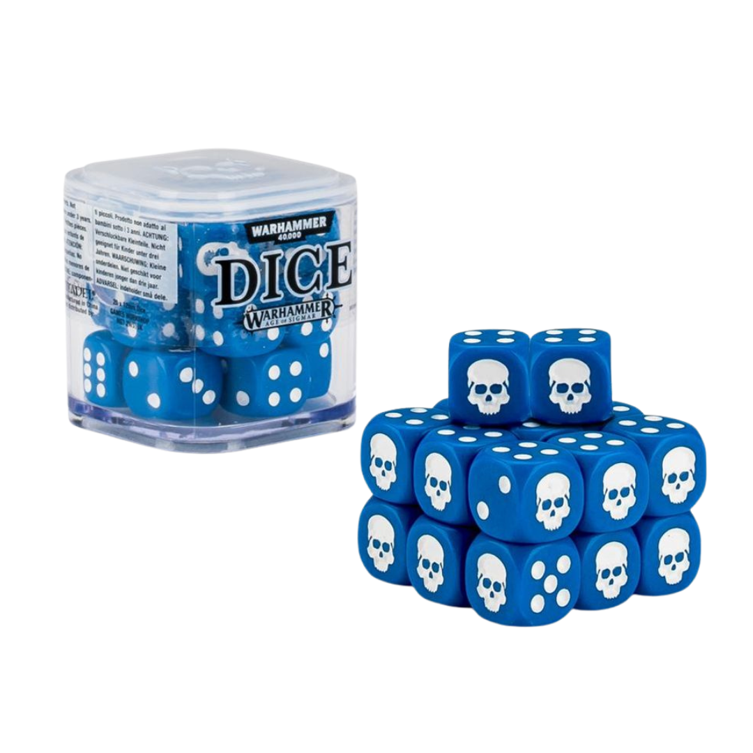 Citadel 12 mm dice set cube with 20 skull‑icon six‑sided dice in assorted colours. This image shows the blue dice variant.