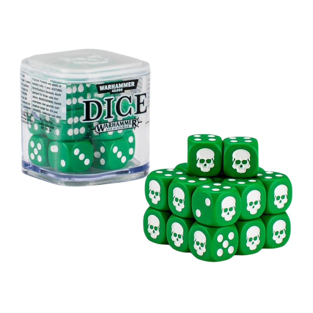 Citadel 12 mm dice set cube with 20 skull‑icon six‑sided dice in assorted colours. This image shows the green dice variant.