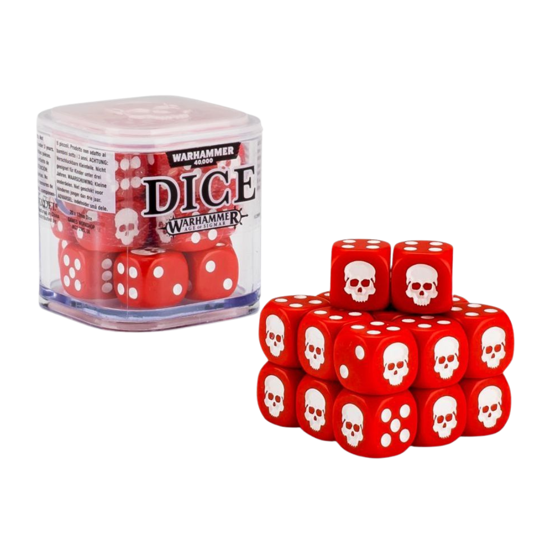 Citadel 12 mm dice set cube with 20 skull‑icon six‑sided dice in assorted colours. This image shows the red dice variant.