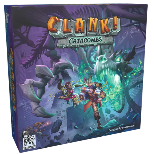 Clank Catacombs standalone deck building adventure game with modular dungeon tiles and dragon theme