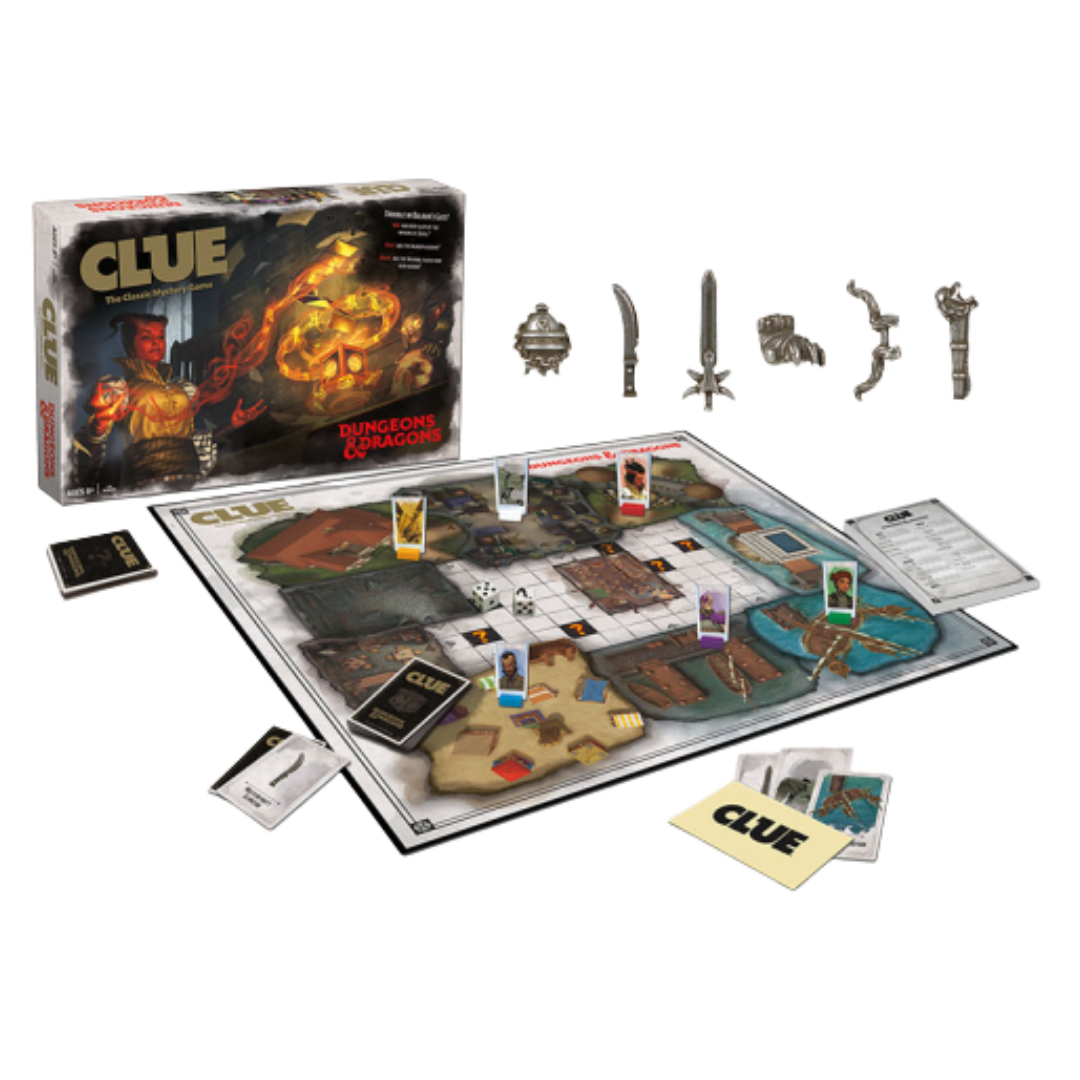 CLUE Dungeons & Dragons board game with Baldur’s Gate-themed artwork, fantasy characters, and a thrilling mystery adventure twist.
