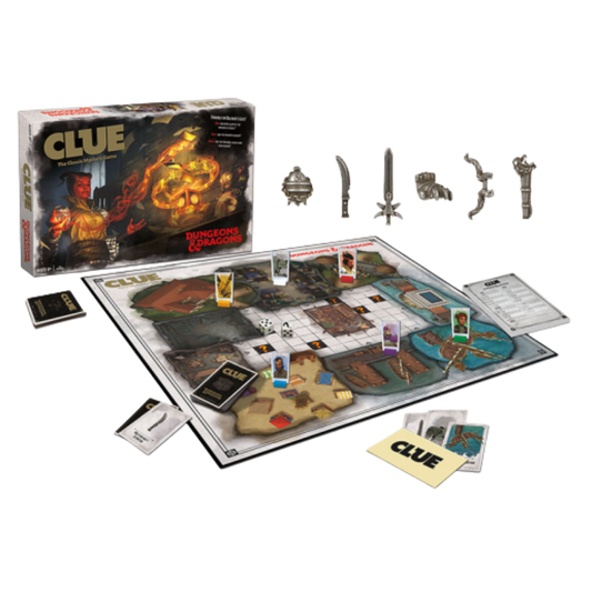 CLUE Dungeons & Dragons board game with Baldur’s Gate-themed artwork, fantasy characters, and a thrilling mystery adventure twist.