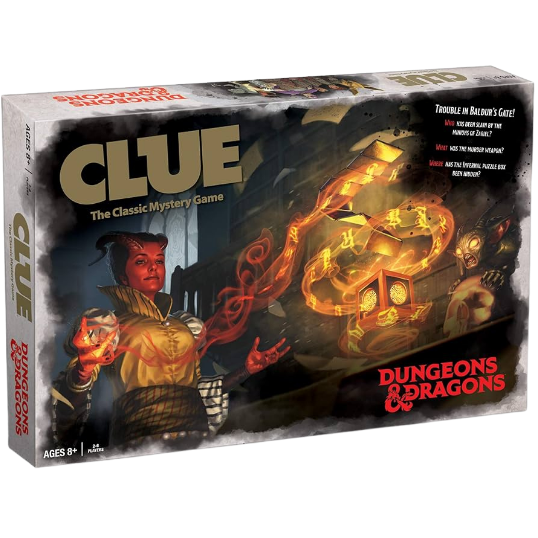 CLUE Dungeons & Dragons board game with Baldur’s Gate-themed artwork, fantasy characters, and a thrilling mystery adventure twist.