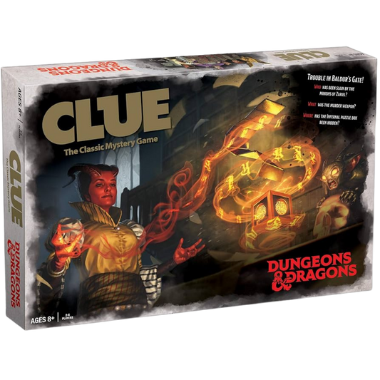 CLUE Dungeons & Dragons board game with Baldur’s Gate-themed artwork, fantasy characters, and a thrilling mystery adventure twist.