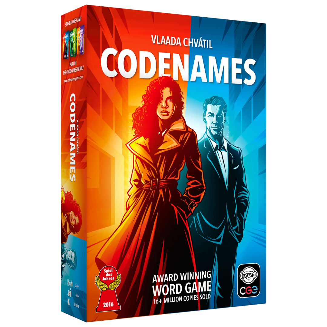 Codenames Second Edition party game box with updated components and artwork for word-association gameplay