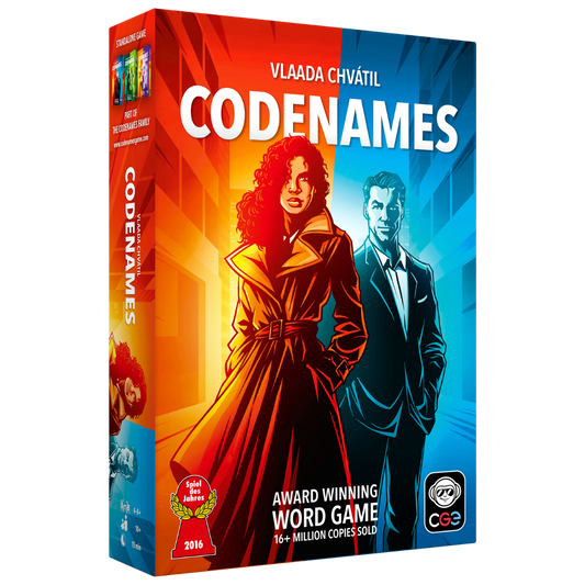 Codenames Second Edition party game box with updated components and artwork for word-association gameplay