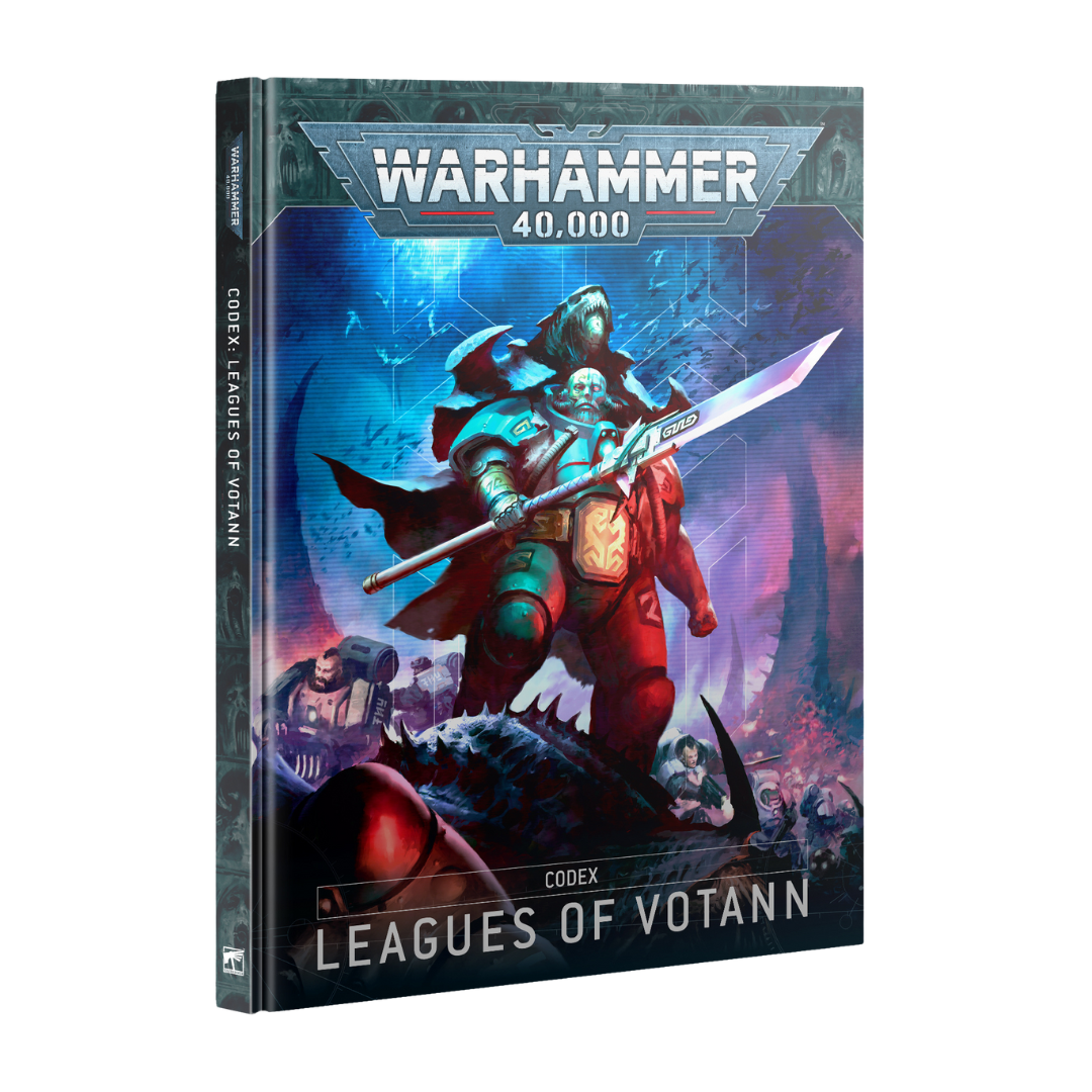 Codex Leagues of Votann hardcover book cover featuring Kin warrior with spear and blue-red lighting