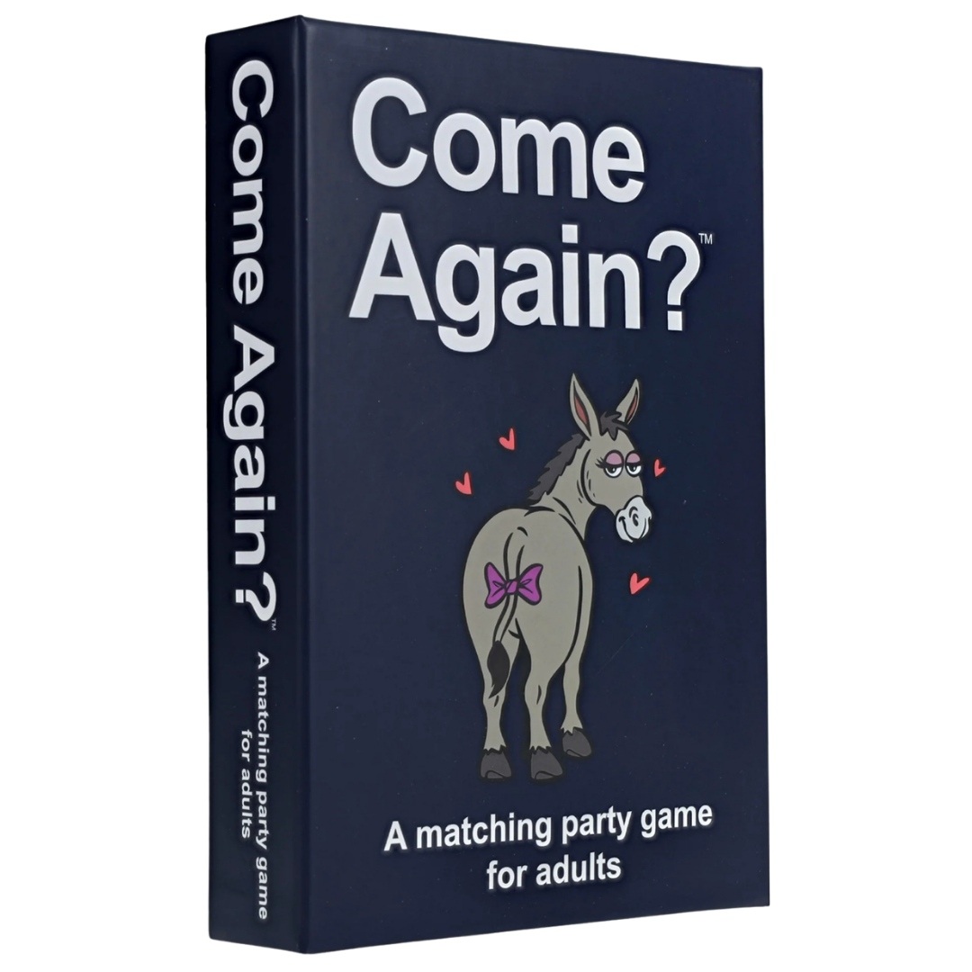 Come Again party card game featuring humorous innuendo based matching gameplay for adult game nights and parties