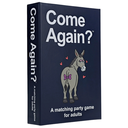 Come Again party card game featuring humorous innuendo based matching gameplay for adult game nights and parties