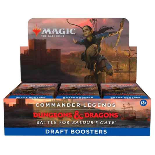 Commander Legends: Battle for Baldur’s Gate Draft Boosters, 24-pack of Magic: The Gathering boosters with Legendary cards, foils, and multiplayer deck-building fun.