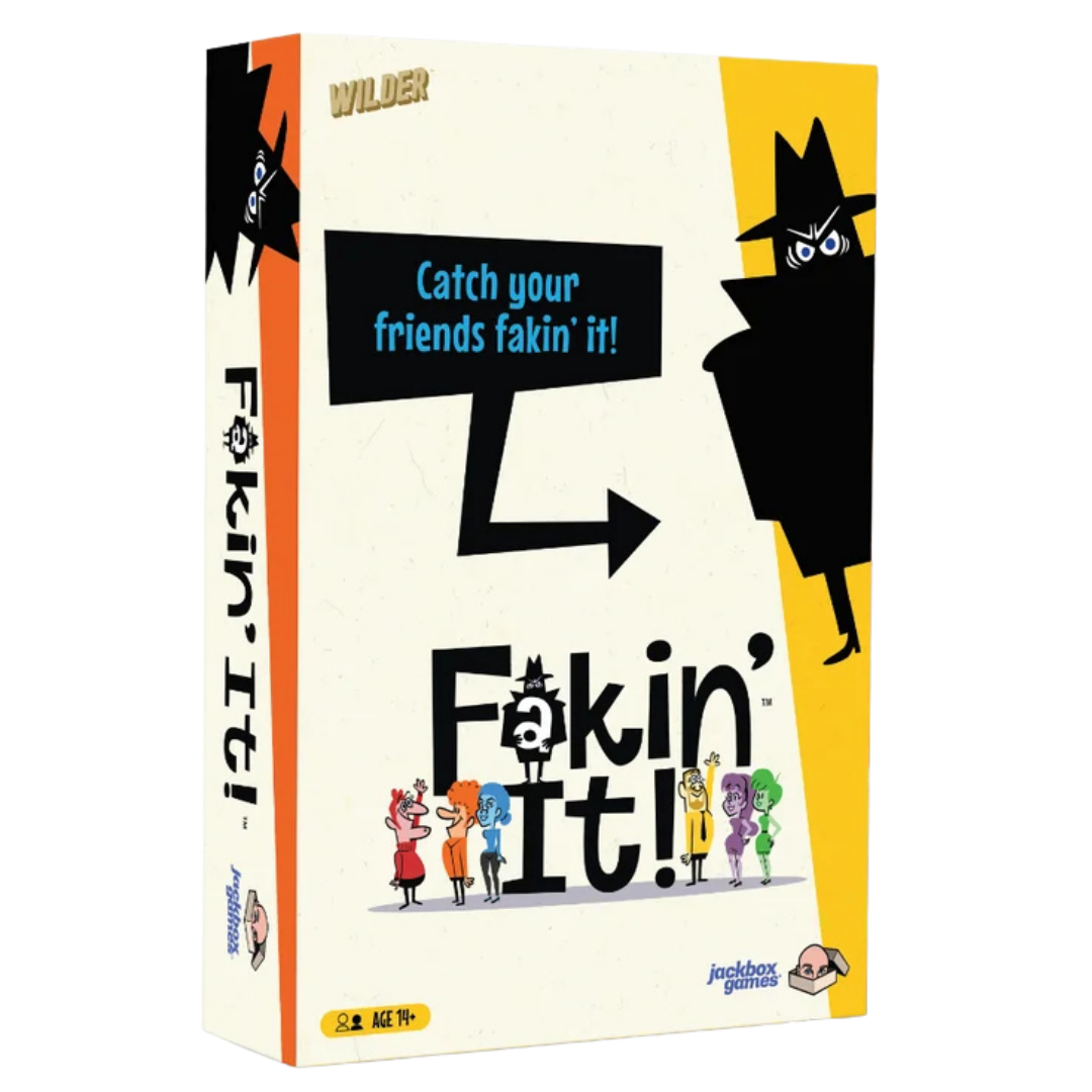 Fakin' It! Wilder board game box by Ambush Games, featuring a cream-colored cover with bold black and yellow graphics, a large black silhouette of a figure, and several small colorful cartoon characters at the bottom.