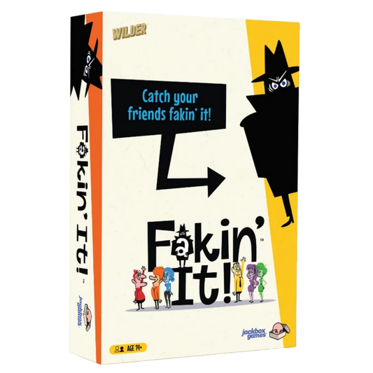 Fakin' It! Wilder board game box by Ambush Games, featuring a cream-colored cover with bold black and yellow graphics, a large black silhouette of a figure, and several small colorful cartoon characters at the bottom.