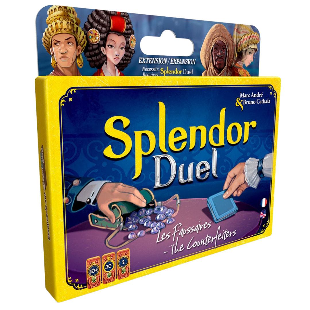 Splendor Duel card game box with a bright yellow border and a dark blue illustrated front panel showing the title 'Splendor Duel' in large yellow letters. The packaging includes character portraits along the top and small card illustrations near the bottom.