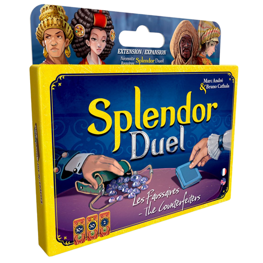 Splendor Duel card game box with a bright yellow border and a dark blue illustrated front panel showing the title 'Splendor Duel' in large yellow letters. The packaging includes character portraits along the top and small card illustrations near the bottom.