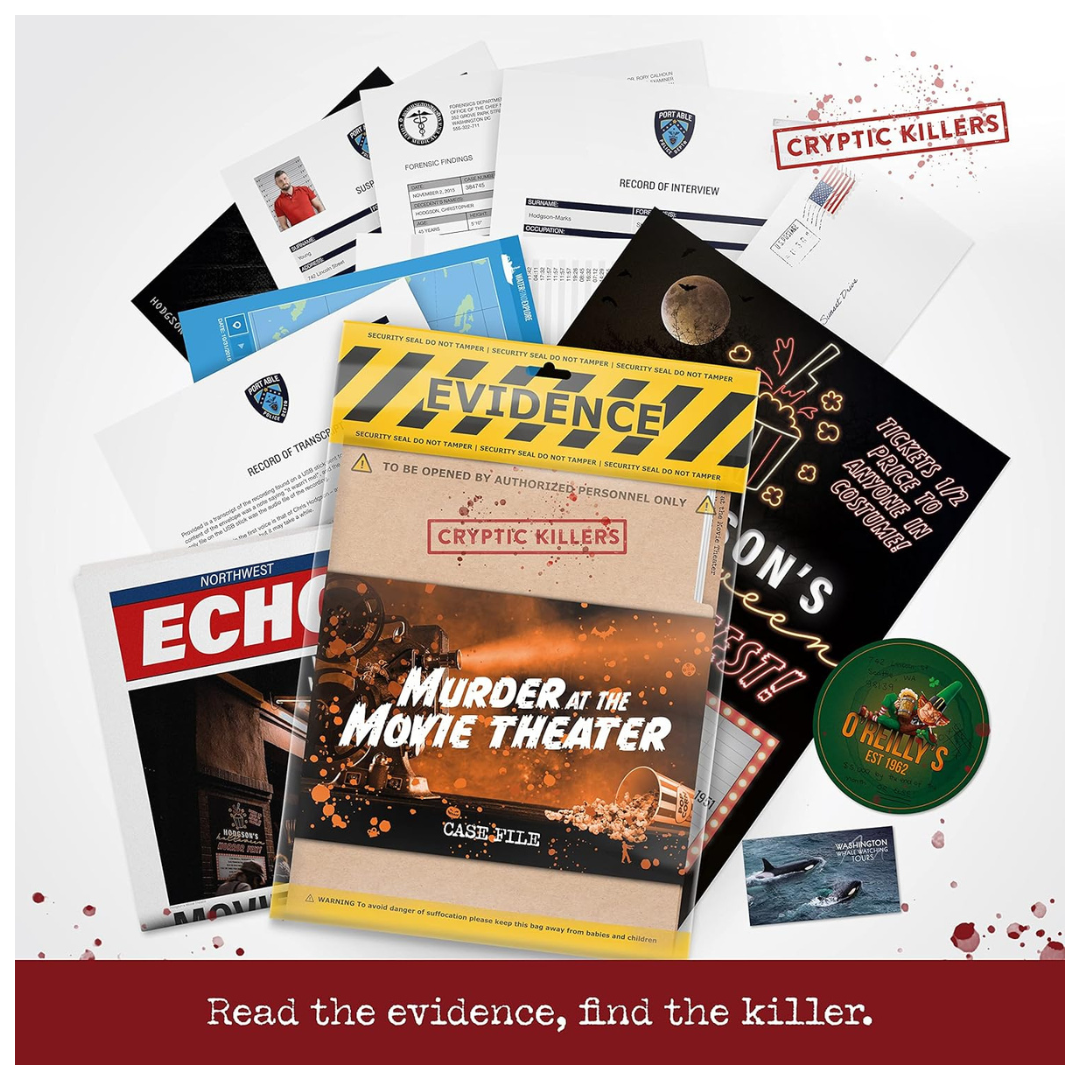 Cryptic Killers Murder at the Movie Theater, intense murder mystery game with clues and suspects to solve the chilling murder of movie theater owner Chris Hodgson.