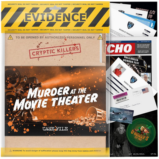 Cryptic Killers: Murder at the movie theatre, thrilling murder mystery game with clues, evidence, and suspects to solve the murder of chris hodgson
