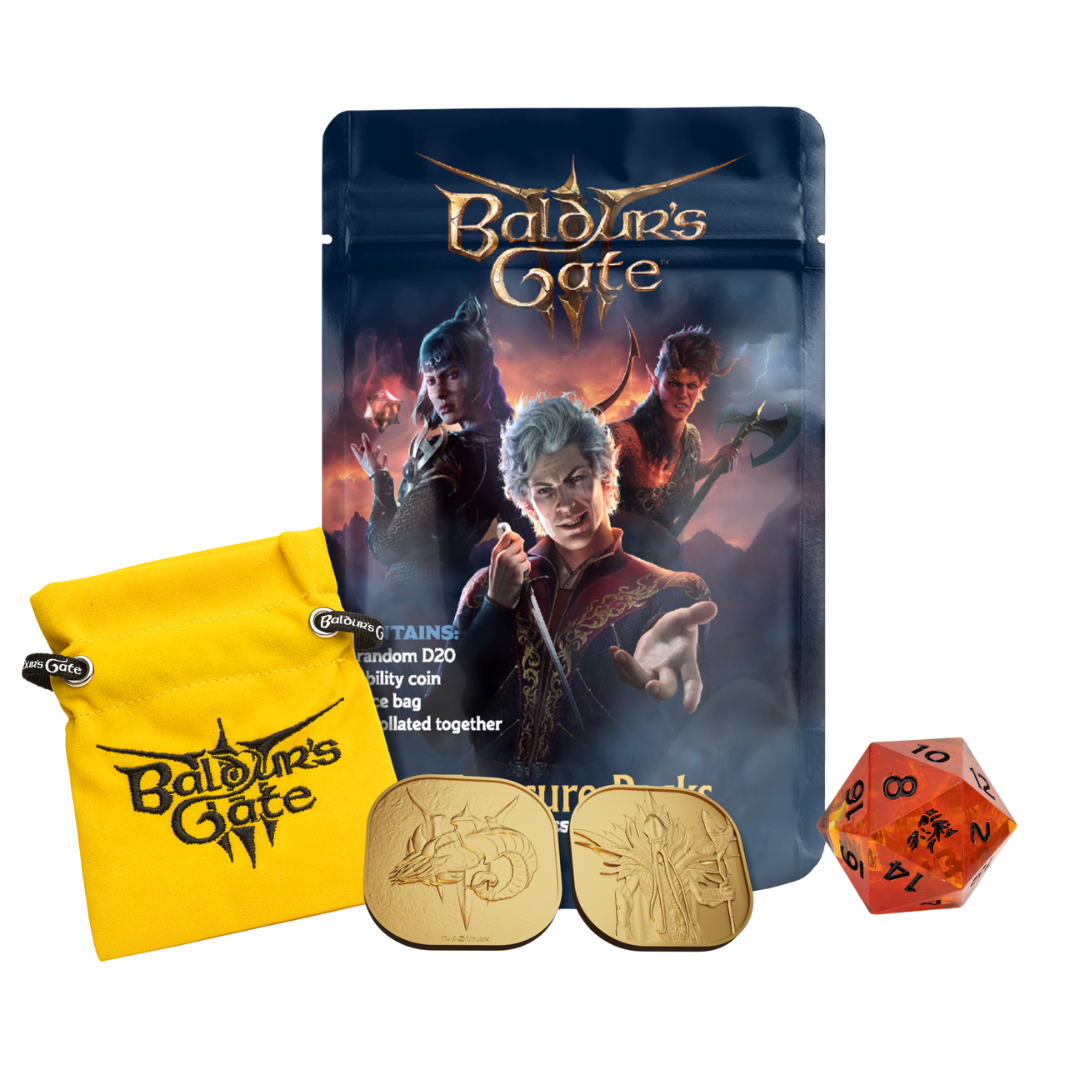 Baldur’s Gate 3 Treasure Pack with oversized D20, collectible coin, and embroidered dice bag for D&D sessions
