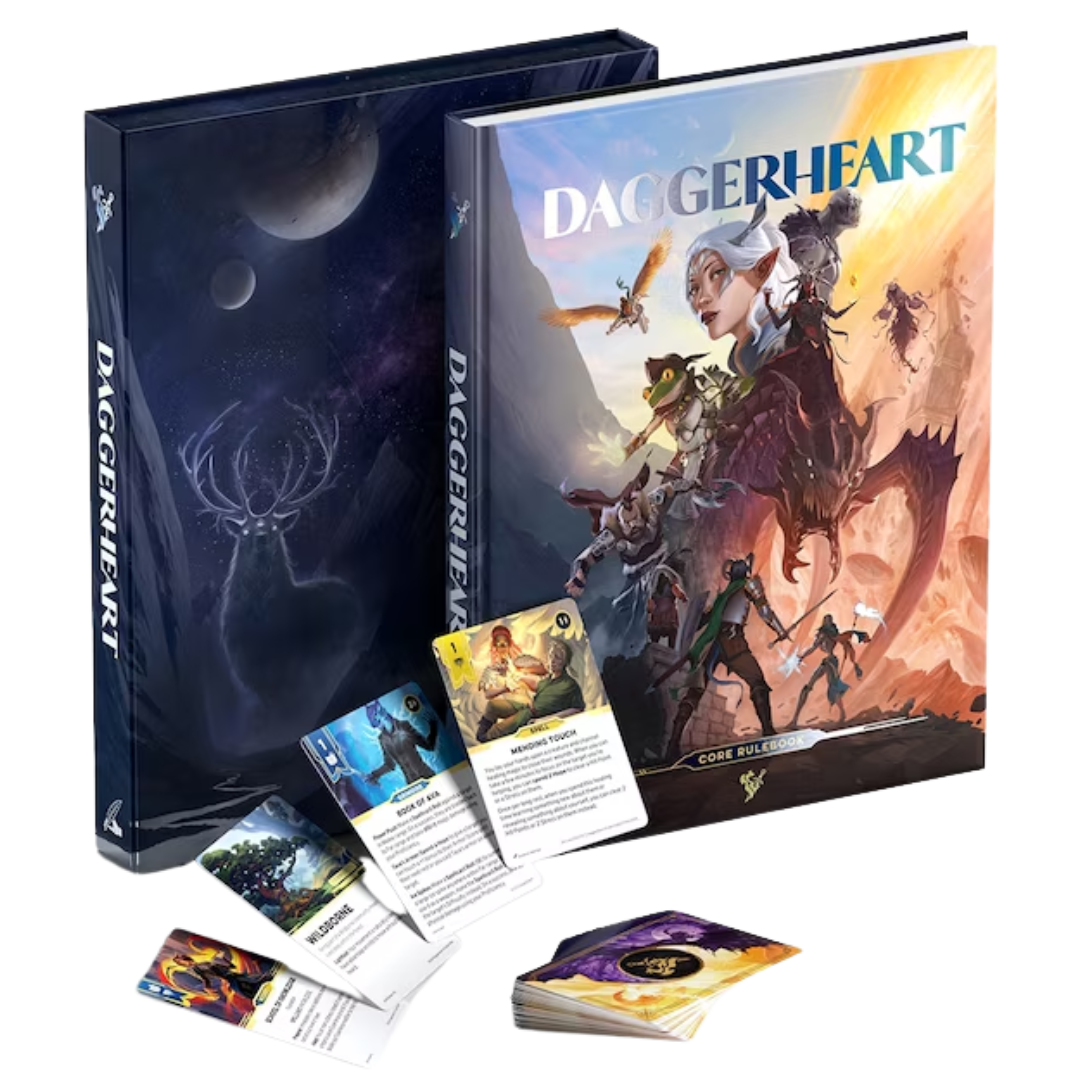 Daggerheart cards and rulebook on table, ancestry and subclass cards arranged for play