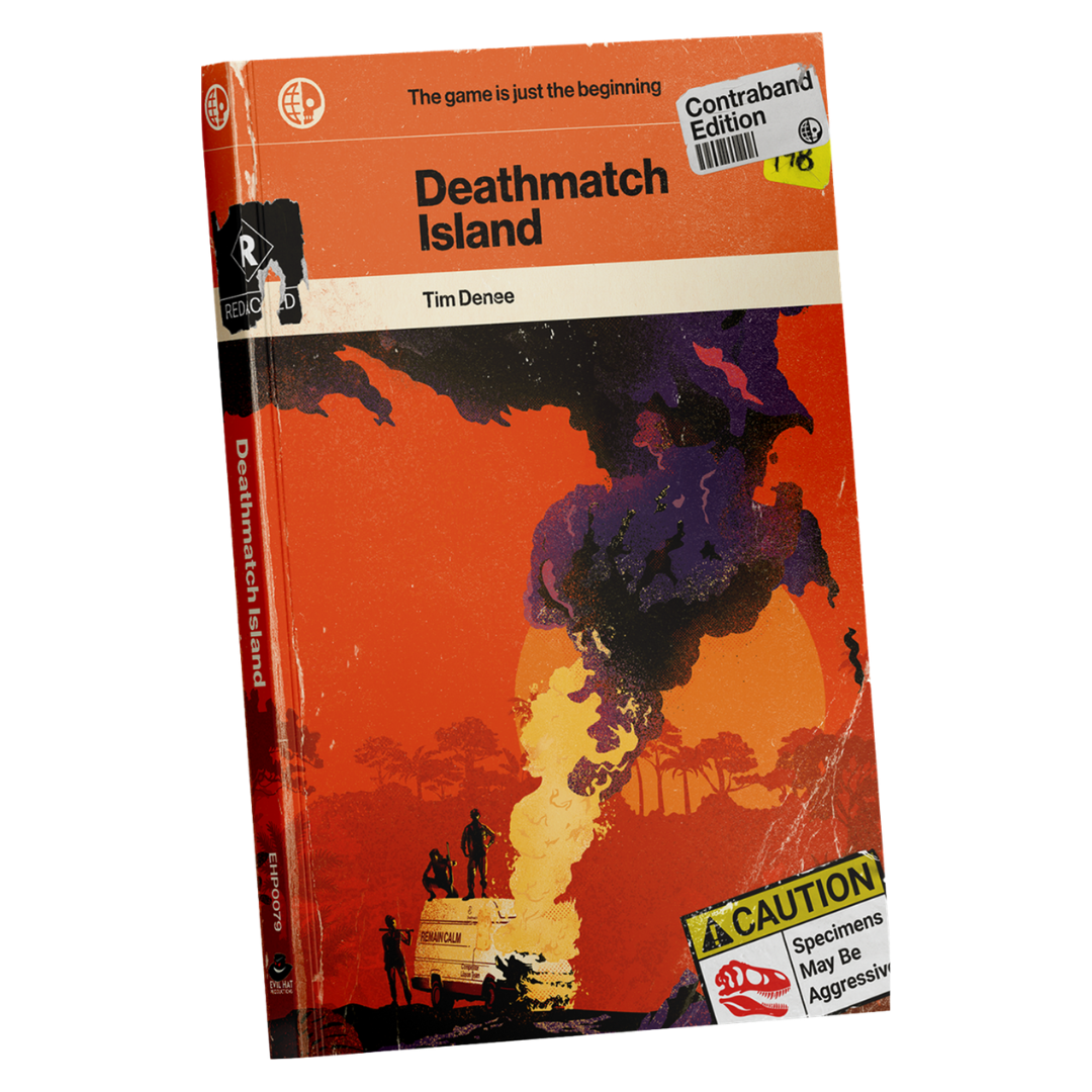 Deathmatch Island Contraband Edition softcover RPG book with orange cover and island survival artwork