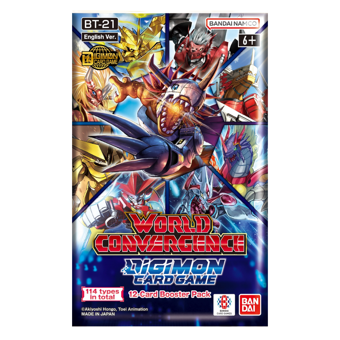 Digimon World Convergence Booster Pack with multiverse-themed cards, rare foil Digimon, powerful tamer support, and collectible trading card game content.