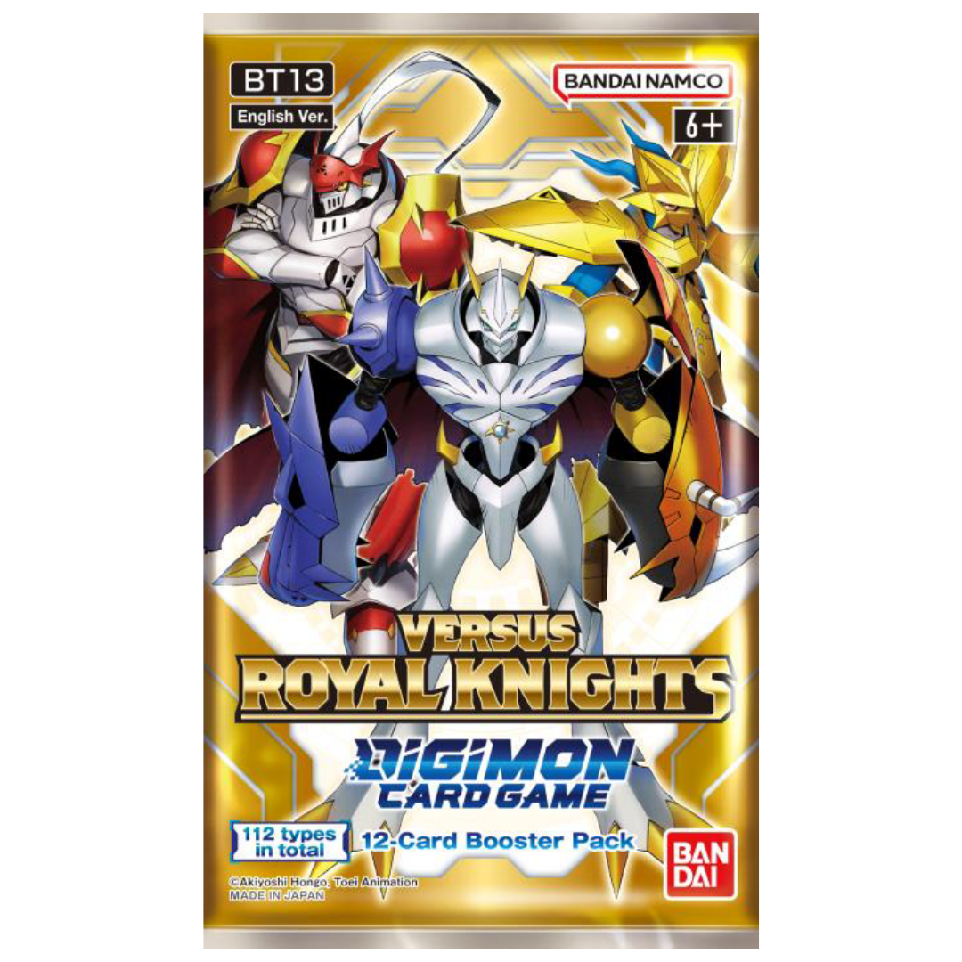 Digimon BT13 Versus Royal Knights Booster Pack featuring 13 iconic Royal Knights like Omnimon, Gallantmon, and Alphamon. Includes exclusive alternate-art cards, rare pulls with powerful effects, and a sneak peek at new gameplay mechanics. Perfect for Digimon Card Game collectors, players, and fans of the legendary Royal Knights. Expand your collection with this must-have booster set!