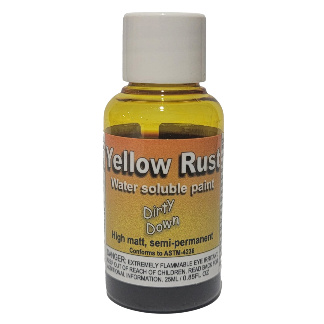 Dirty Down Yellow Rust 25ml bottle weathering paint for bright fresh rust on miniatures, vehicles, and hobby terrain