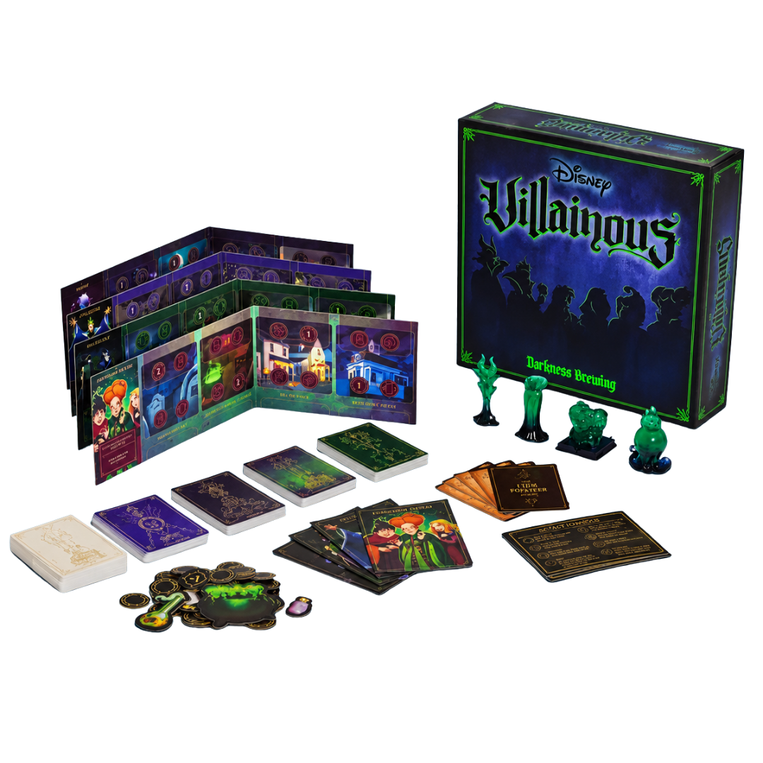 Disney Villainous Darkness Brewing contents with realms, villain movers, cards, tokens, guides, and instructions.