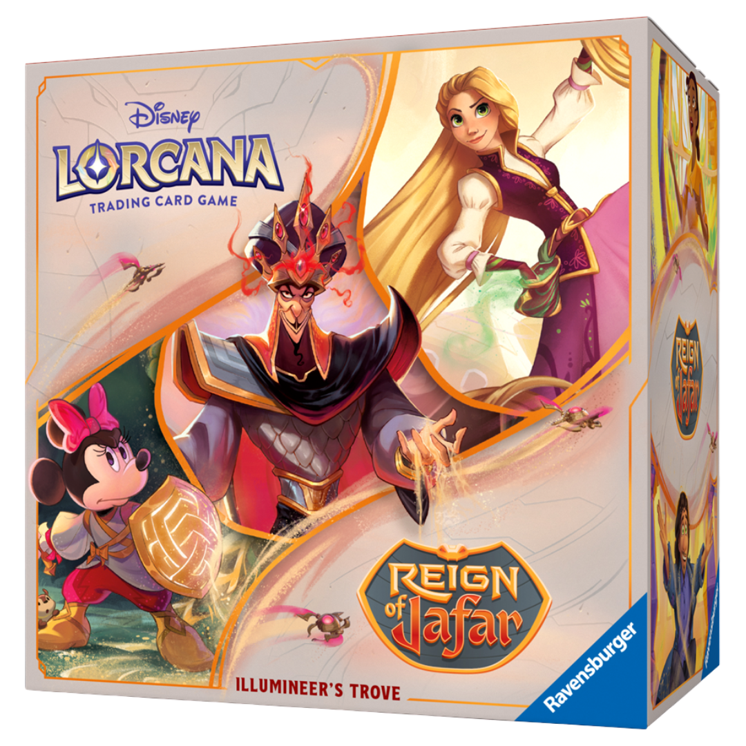 Disney Lorcana Reign of Jafar Illumineer's Trove, premium collector’s box with boosters, accessories, and exclusive Disney TCG artwork for players and fans.