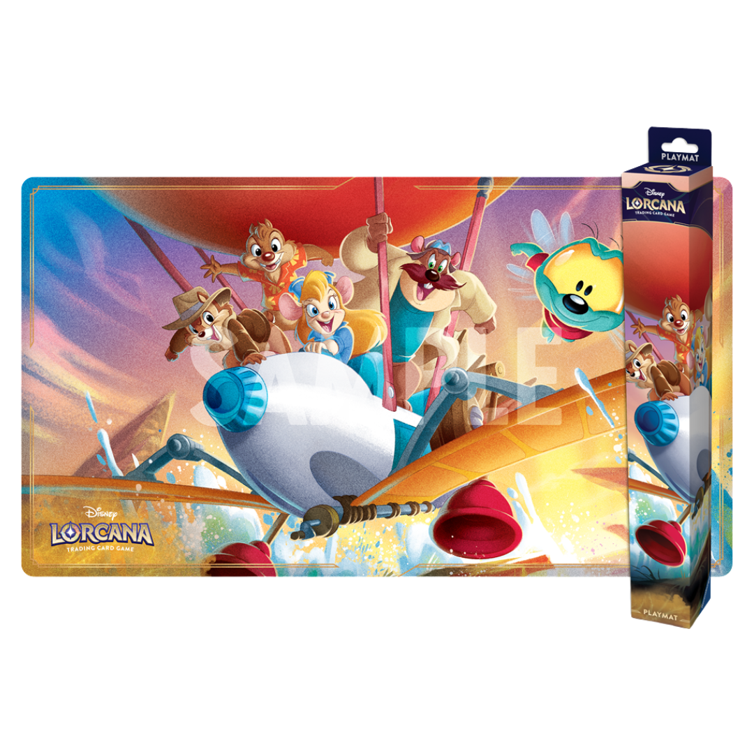 Disney Lorcana Rescue Rangers Playmat, premium TCG playmat featuring Chip and Dale artwork for protecting cards and enhancing Disney Lorcana gameplay.
