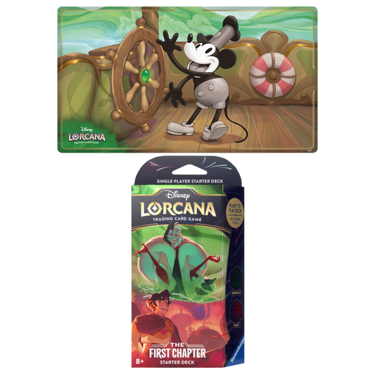 Disney Lorcana First Chapter Starter Bundle with Mickey playmat and Cruella x Aladdin Emerald Ruby starter deck