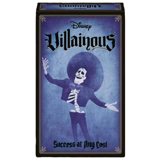 Disney Villainous board game box featuring a stylized skeleton character on a textured blue background with the title 'Villainous' and the phrase 'Success at Any Cost'.