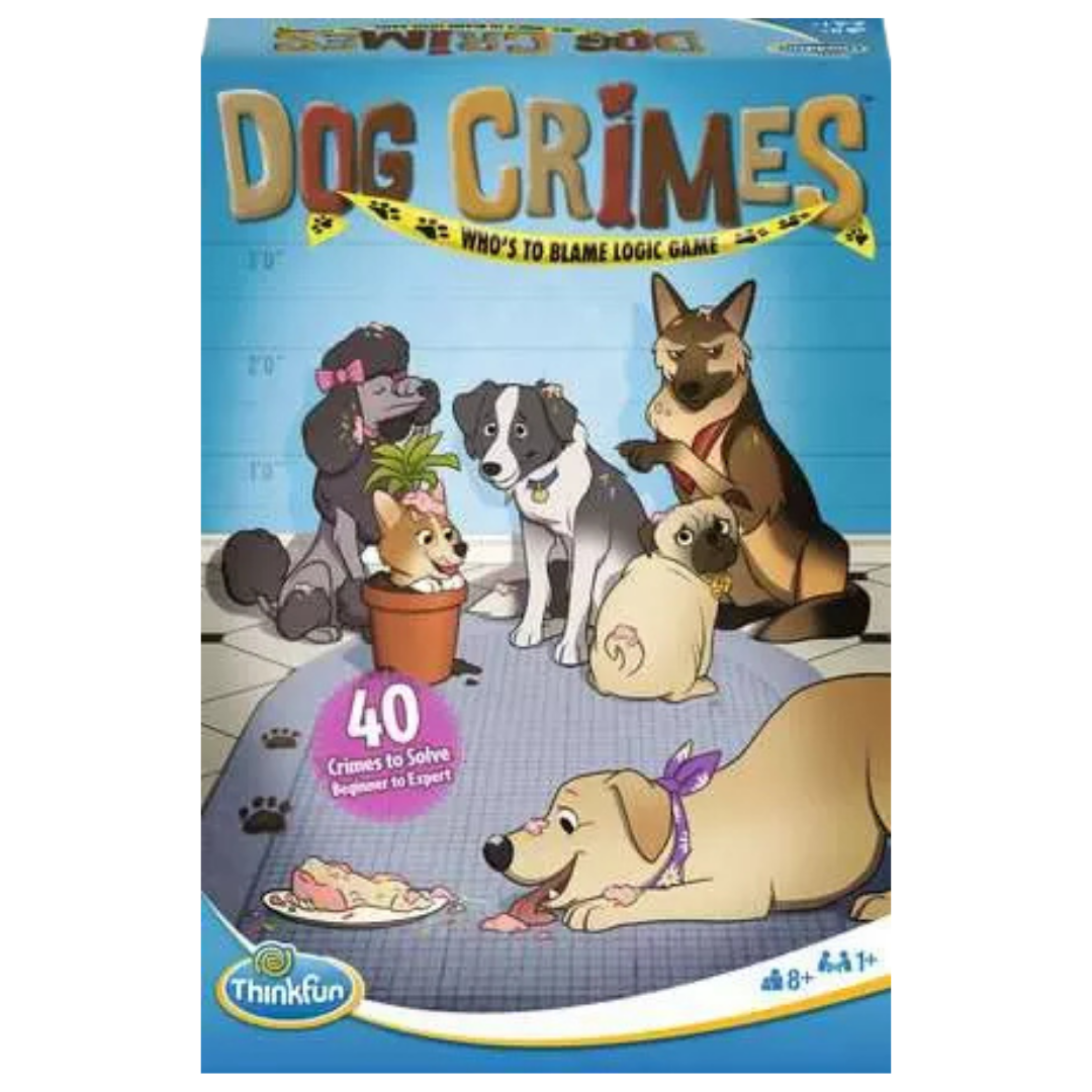 ThinkFun Dog Crimes single-player logic game box featuring six canine suspects.