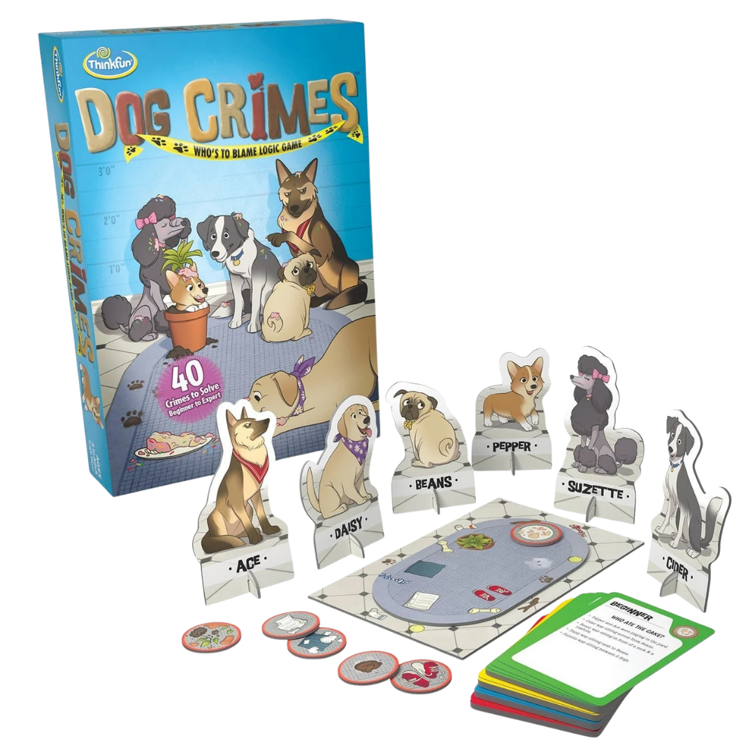 Dog Crimes contents with game board, six dog tokens, crime tokens, and challenge cards.