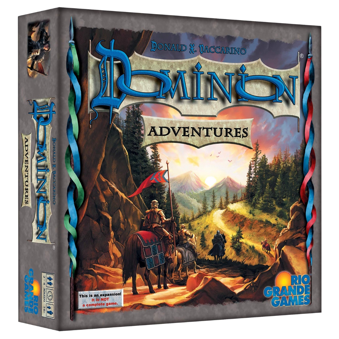 Dominion: Adventures box featuring adventurous artwork of explorers and treasures.
