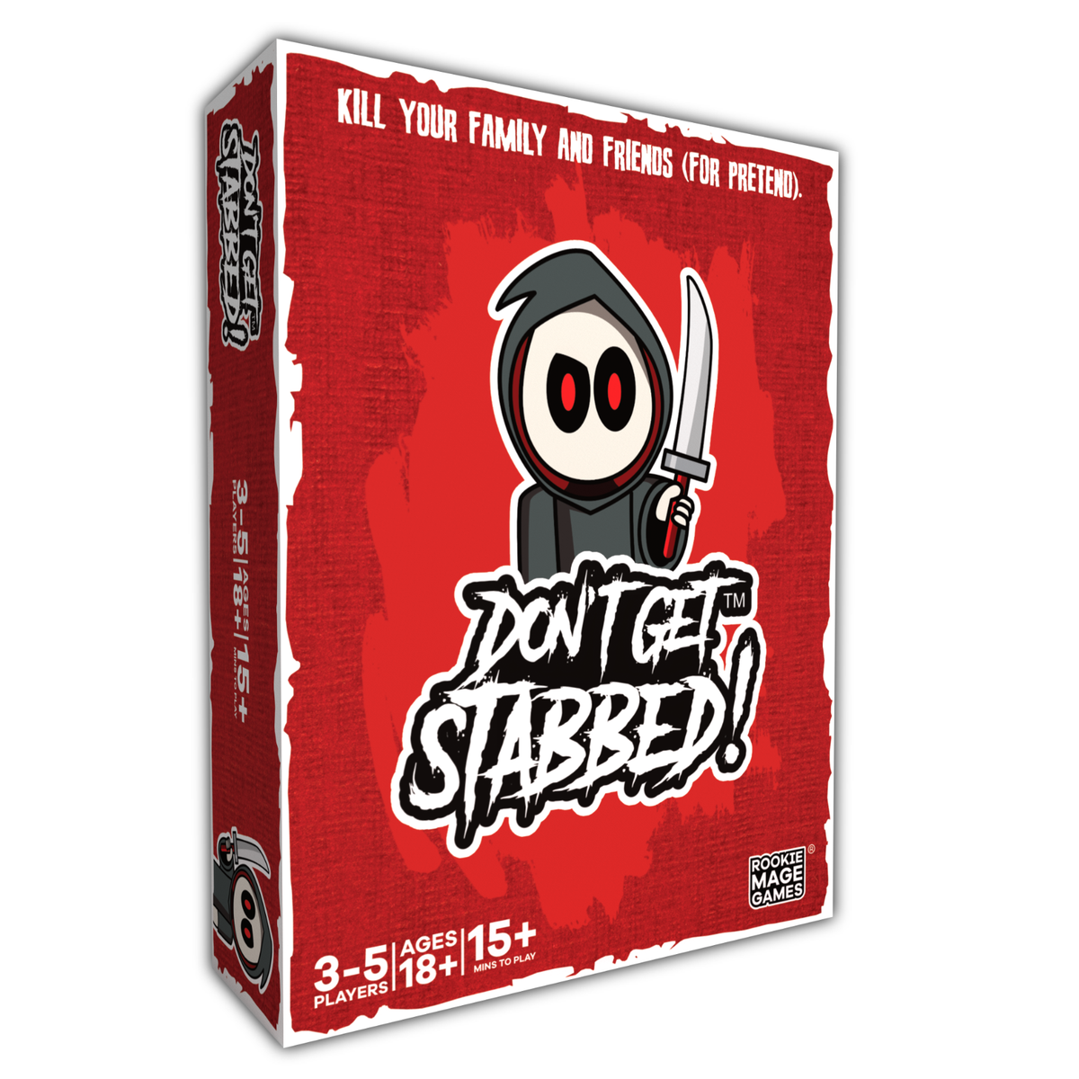 Don’t Get Stabbed horror party card game by Rookie Mage Games with slasher movie artwork and adult card gameplay