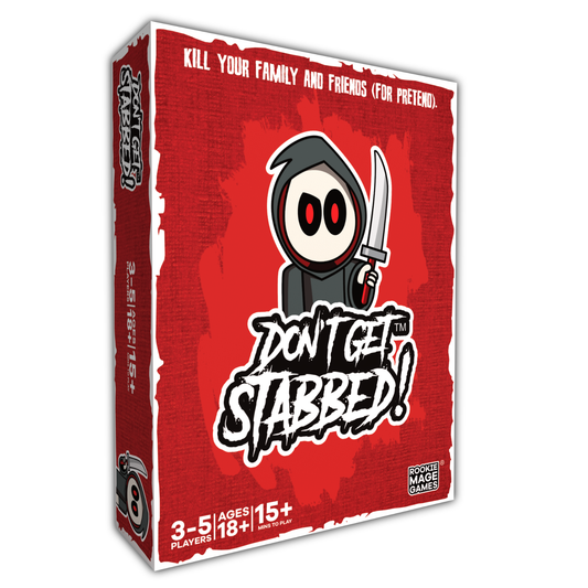 Don’t Get Stabbed horror party card game by Rookie Mage Games with slasher movie artwork and adult card gameplay